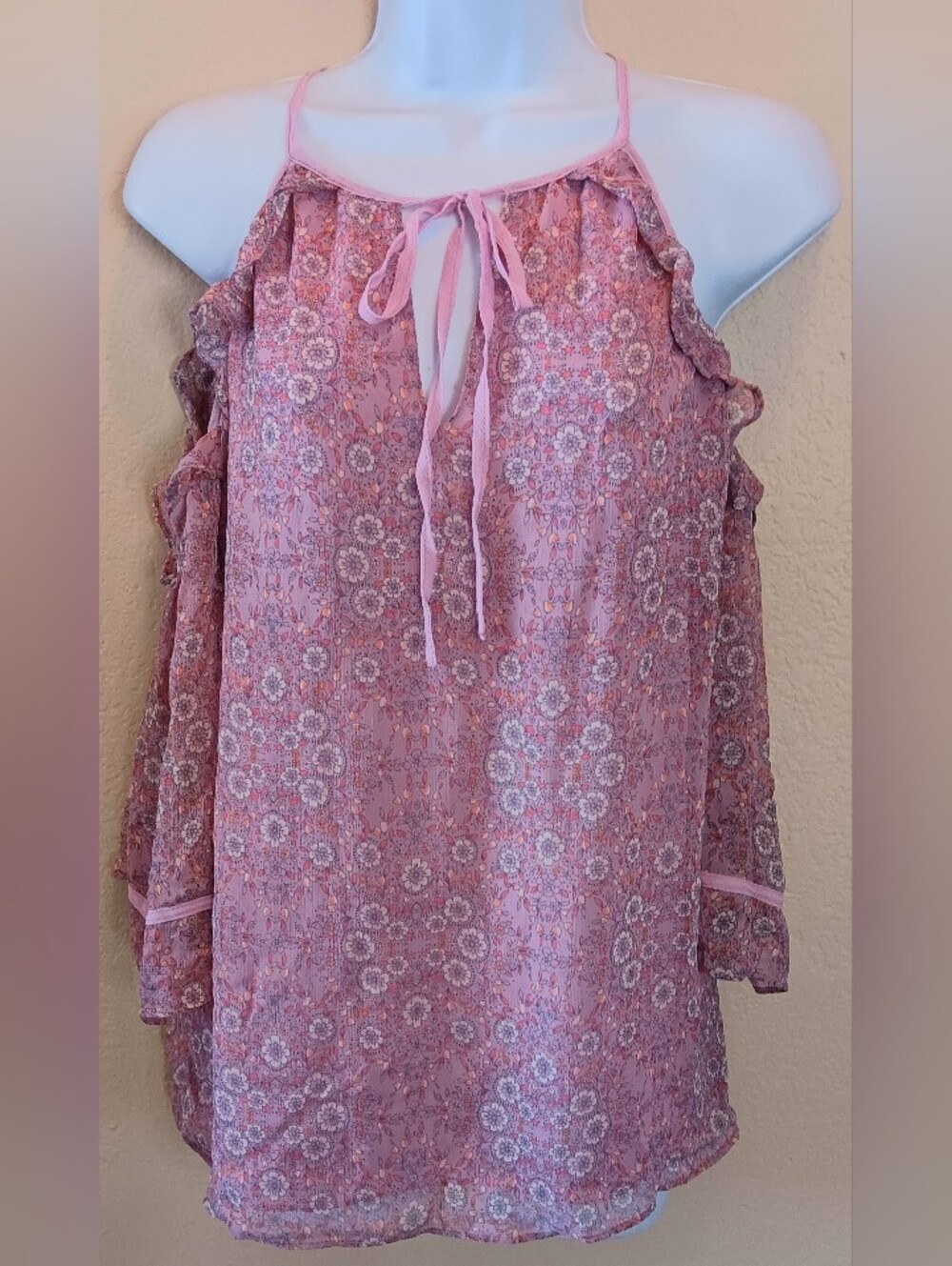 Lauren Conrad Boho Cold Shoulder Top S Lined Pink White Floral NWT
